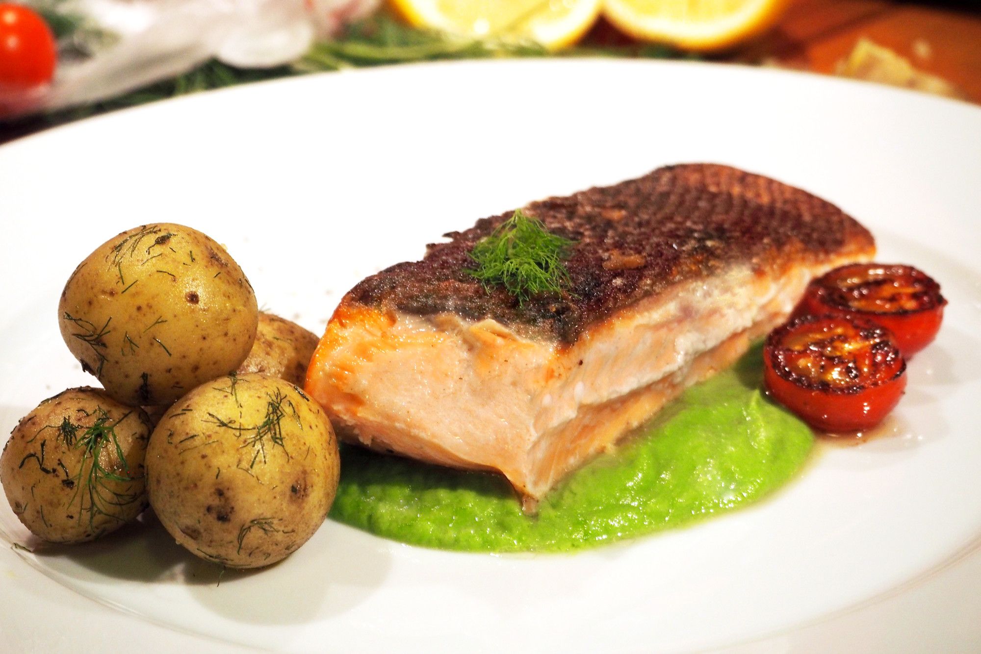 Glorious salmon with pea purée