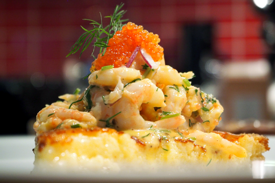 Swedish cheese pie (västerbottenostpaj) with shrimp mix (skagenröra)