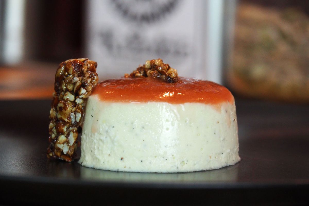 Pannacotta with rhubarb compote and fancy roll of almonds