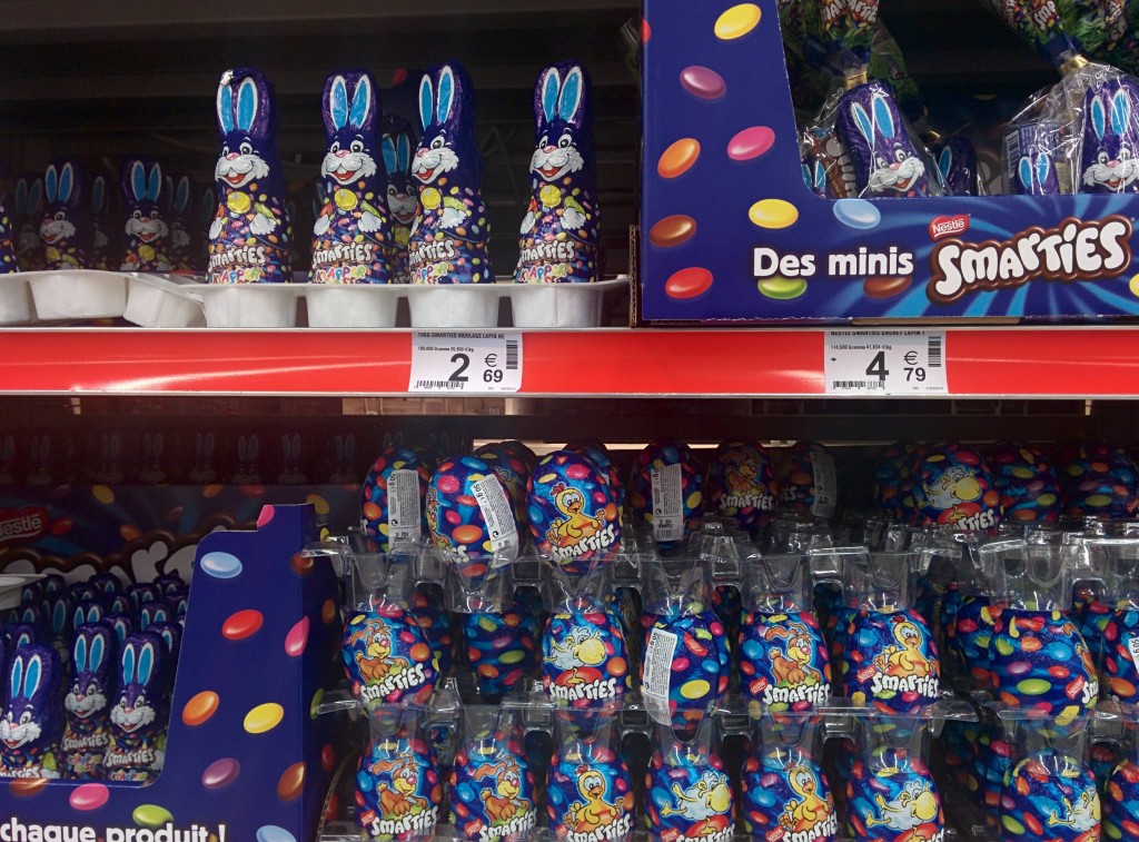 Bunnies filled with Smarties for Easter in French shops