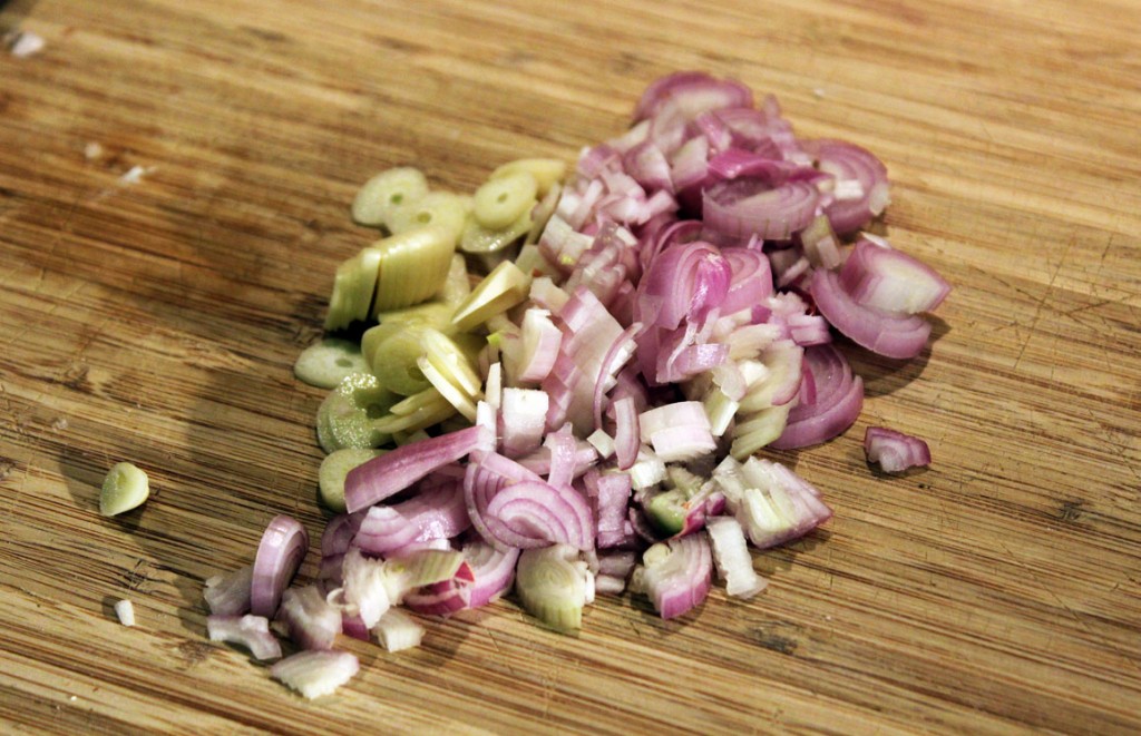 Sliced garlic and shallot onions