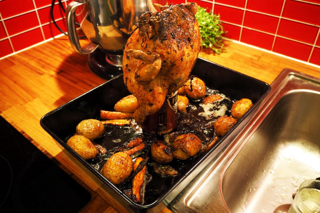 Roasted chicken on a beer can