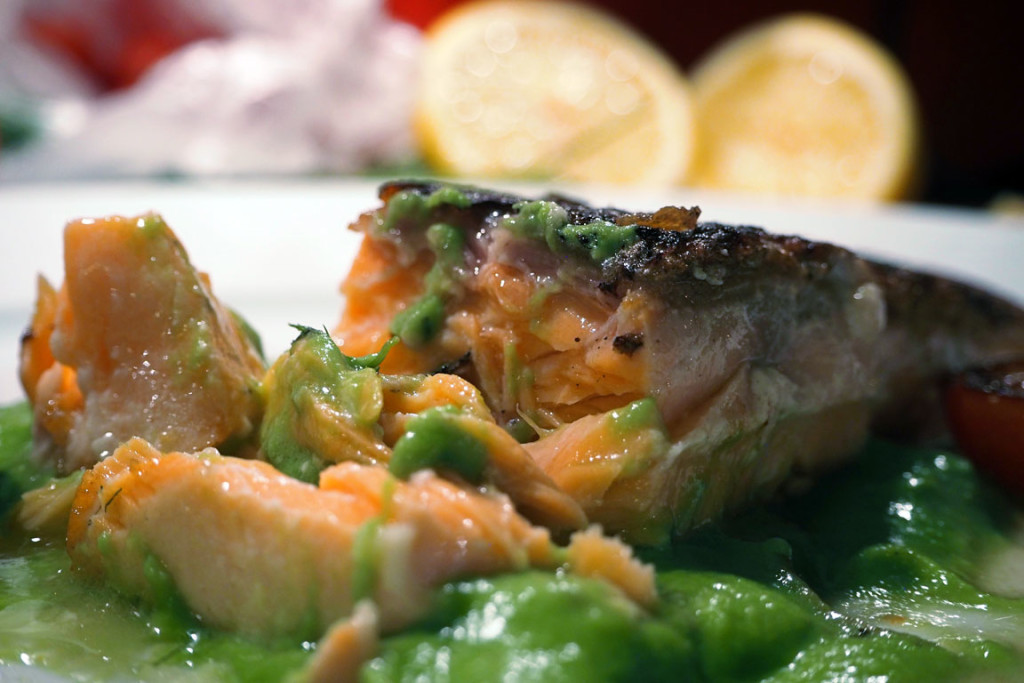 salmon with pea purée