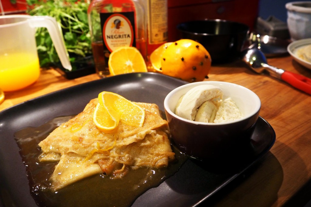 Crêpes Suzette with clove-flavored ice cream