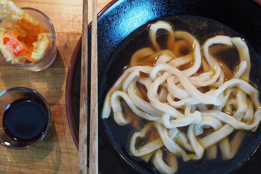 close up of udon noodles