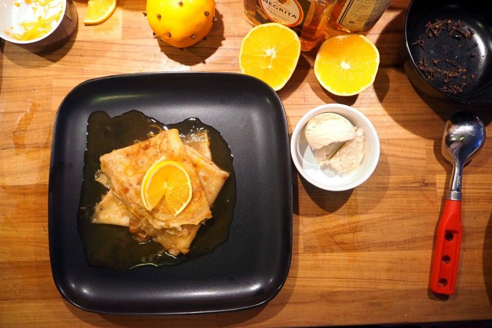 Crêpes Suzette with clove-flavored ice cream