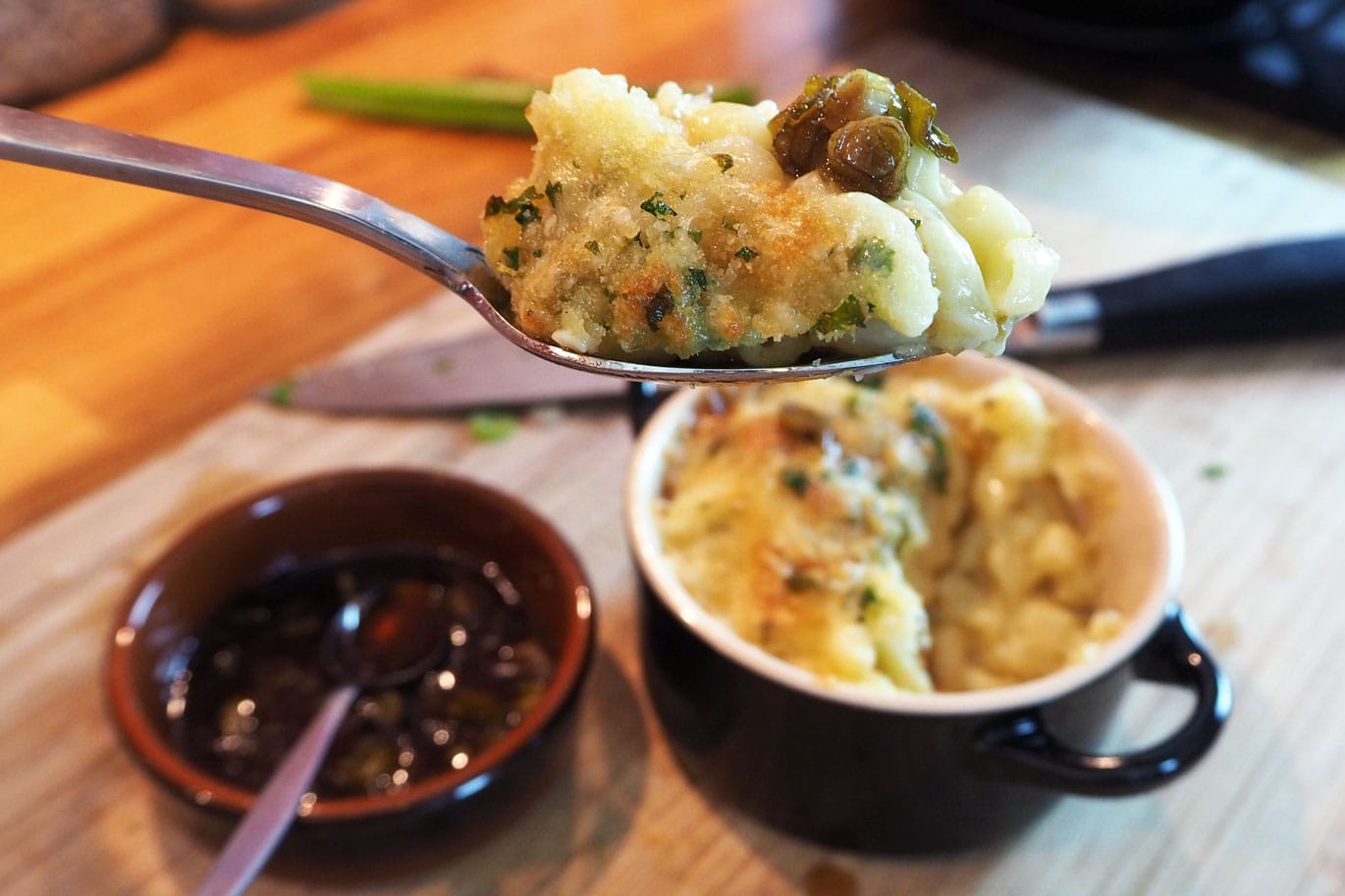 mac and cheese with it's sweet scallion sauce