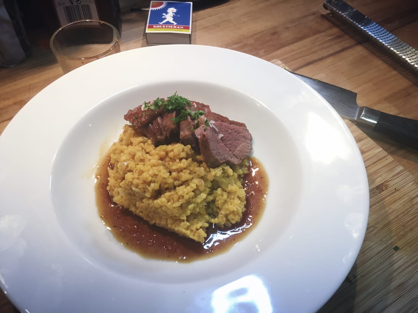 duck à l'orange with pearl barley