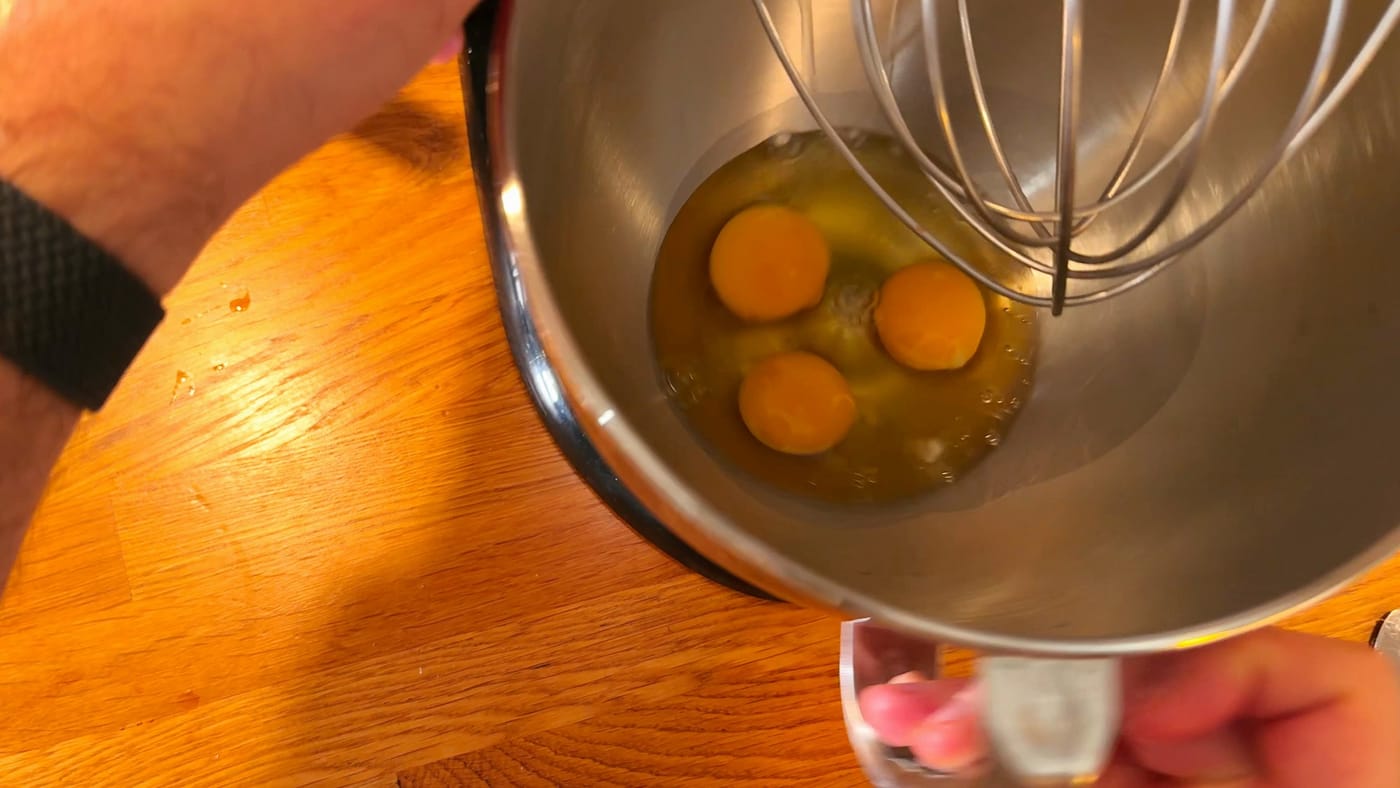 Eggs going into the stand mixer